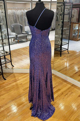 Dark Purple Sequin One-Shoulder Long Prom Dress with Slit