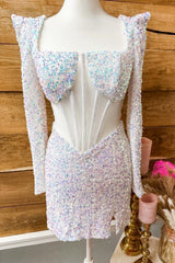 Iridescent White Sequins Long Sleeves Square Neck Homecoming Dress