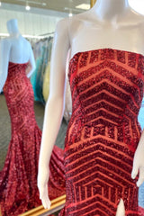 Red Sequin Strapless Mermaid Long Prom Dresses with Slit