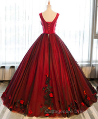 Burgundy Round Neck Tulle Lace Applique Long Prom Dress, Burgundy Evening Dress