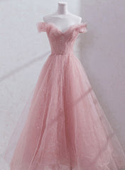 Pink Shiny Tulle Beaded Off Shoulder Long Party Dress, Pink Tulle Formal Dress