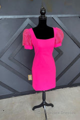 Fuchsia Puff Sleeves Square Neck Sheath Homecoming Dress