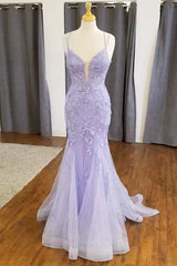 Mermaid Lavender Floral Lace Straps Long Prom Dresses