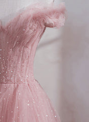 Pink Shiny Tulle Beaded Off Shoulder Long Party Dress, Pink Tulle Formal Dress