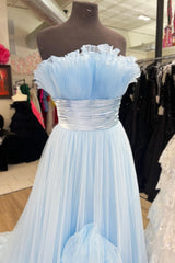 Sky Blue Strapless Ruffled Empire Tulle Long Prom Dresses