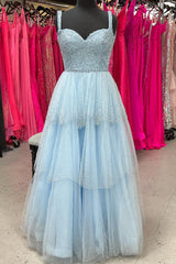 Light Blue Sweetheart Beaded Straps Multi-Layers Long Prom Dresses