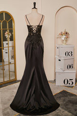 Black Mermaid Pluning V Appliques Long Prom Dress with Slit