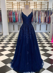 Navy Blue A-Line V-neck Floor-Length Chiffon Prom Dresses With Lace Sequins