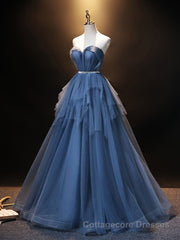 Blue Sweetheart Neck Tulle Long Prom Dress, Blue Evening Dress