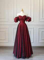 Off Shoulder Wine Red Sweetheart Tulle Prom Dresses, A-line Wine Red Evening Dresses