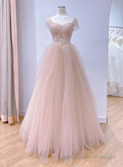 Pink Sweetheart Tulle Beaded Long Party Dress, Pink Tulle Prom Dress Evening Dress