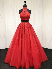 2 Pieces Pink Red Lace Prom Dresses, Two Pieces Pink Red Tulle Lace Formal Evening Dresses