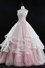 Pink Tulle Lace Sweet 16 Dresses, Long Quinceanera Dresses