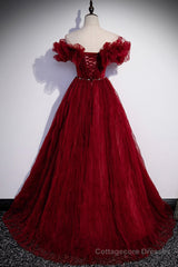 Burgundy Tulle Long Prom Dresses, A-Line Off the Shoulder Evening Party Dresses