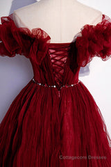 Burgundy Tulle Long Prom Dresses, A-Line Off the Shoulder Evening Party Dresses