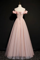 Pink Tulle Off the Shoulder Prom Dress, Beautiful A-Line Evening Dress