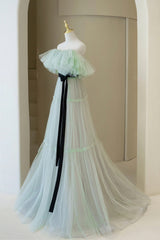 Green Tulle Floor Length Prom Dress, A-Line Off Shoulder Evening Dress