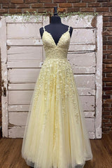 Yellow V-Neck Lace Long Prom Dress, A-Line Evening Dress