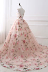 Pink Floral Pattern Lace Long Prom Dress, A-Line Formal Dress