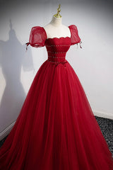 Red Beaded Tulle A-Line Long Formal Dress, Red Prom Dress