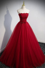 Red Beaded Tulle A-Line Long Formal Dress, Red Prom Dress