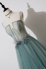 Green Lovely Tulle Straps Long A-Line Prom Dresses, Green Evening Dresses