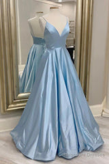 Blue V-Neck Satin Long Prom Dresses, Simple A-Line Evening Dresses