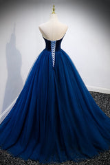 Blue Velvet Tulle Long Prom Dresses, A-Line Strapless Evening Dresses