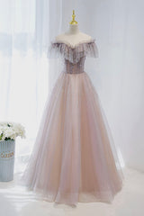 Pink Tulle Beaded Long Formal Dress, Pink V-Neck Prom Dress