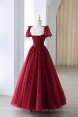 Burgundy Tulle Beaded Long Prom Dress, A-Line Formal Evening Dress