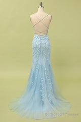 Mermaid Blue Long Prom Dress Backless Evening Dress