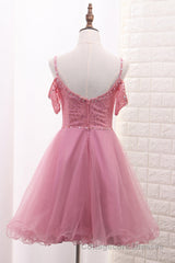 Chic Tulle Lace Spaghetti Strap With Beading Homecoming Dresses