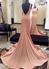 Trumpet/Mermaid Sleeveless Bateau Zipper Court Train Elastic Satin Prom Dresses With Pleated