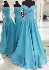 Ice Blue Prom Dresses, A-line/Princess Off-the-Shoulder Sleeveless Sweep Train Satin Prom Dresses