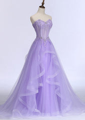 Lilac Prom Dresses, A-line/Princess Sweetheart Sleeveless Sweep Train Tulle Prom Dresses With Beading Appliqued