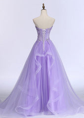 Lilac Prom Dresses, A-line/Princess Sweetheart Sleeveless Sweep Train Tulle Prom Dresses With Beading Appliqued