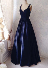 Dark Navy Prom Dresses, A-line/Princess V Neck Sleeveless Long/Floor-Length Satin Prom Dresses