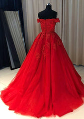 Red Ball Gown Off-the-Shoulder Sleeveless Court Train Tulle Prom Dress With Pleated Appliqued