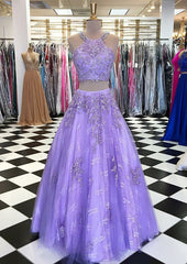 Lilac Ball Gown Scoop Neck Sleeveless Long/Floor-Length Tulle Prom Dresses With Appliqued Beading