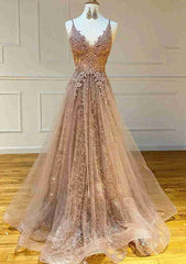 Sweep Train V Neck Lace Tulle Yarn Princess Prom Dresses With Glitter