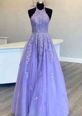 Lavender Prom Dresses, Princess Halter Long/Floor-Length Lace Tulle Prom Dresses With Appliqued Beading