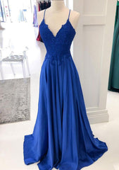 Royal Blue Prom Dresses, A-line V Neck Sleeveless Long/Floor-Length Charmeuse Prom Dresses With Appliqued Beading Lace