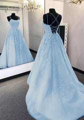 A-Line Light Blue Long Prom Dresses Formal Evening Dresses