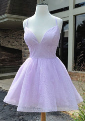 A-line V Neck Sleeveless Organza Short/Mini Homecoming Dresses With Glitter