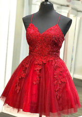 A-line V Neck Sleeveless Lace Tulle Short/Mini Homecoming Dresses With Beading