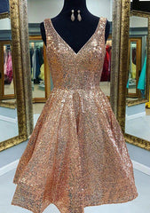 A-line V Neck Sleeveless Sequined Knee-Length Homecoming Dresses