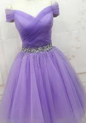 A-line Off-the-Shoulder Sleeveless Tulle Short/Mini Homecoming Dresses With Pleated Beading