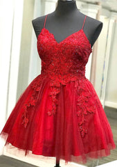 A-line V Neck Sleeveless Lace Tulle Short Mini Homecoming Dresses, Beading