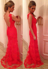 Red Prom Dresses, Sheath/Column V Neck Sleeveless Sweep Train Lace Prom Dresses With Appliqued