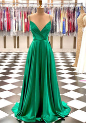 Hunter Green Prom Dresses, A-line V Neck Spaghetti Straps Sweep Train Charmeuse Prom Dresses With Pleated